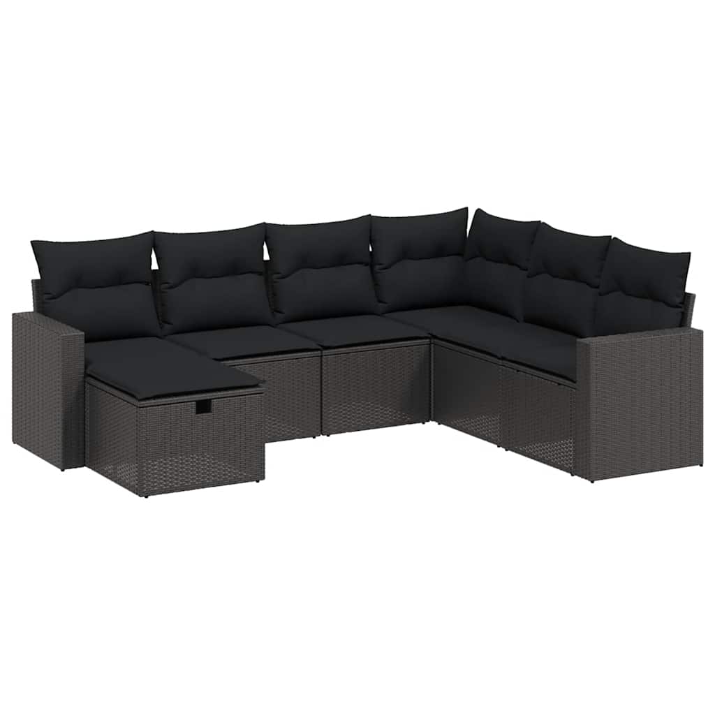 7-tlg. Garten-Sofagarnitur mit Kissen Schwarz Poly Rattan