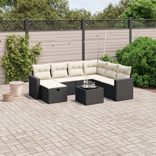 8-piece garden sofa set with cushions, black poly rattan