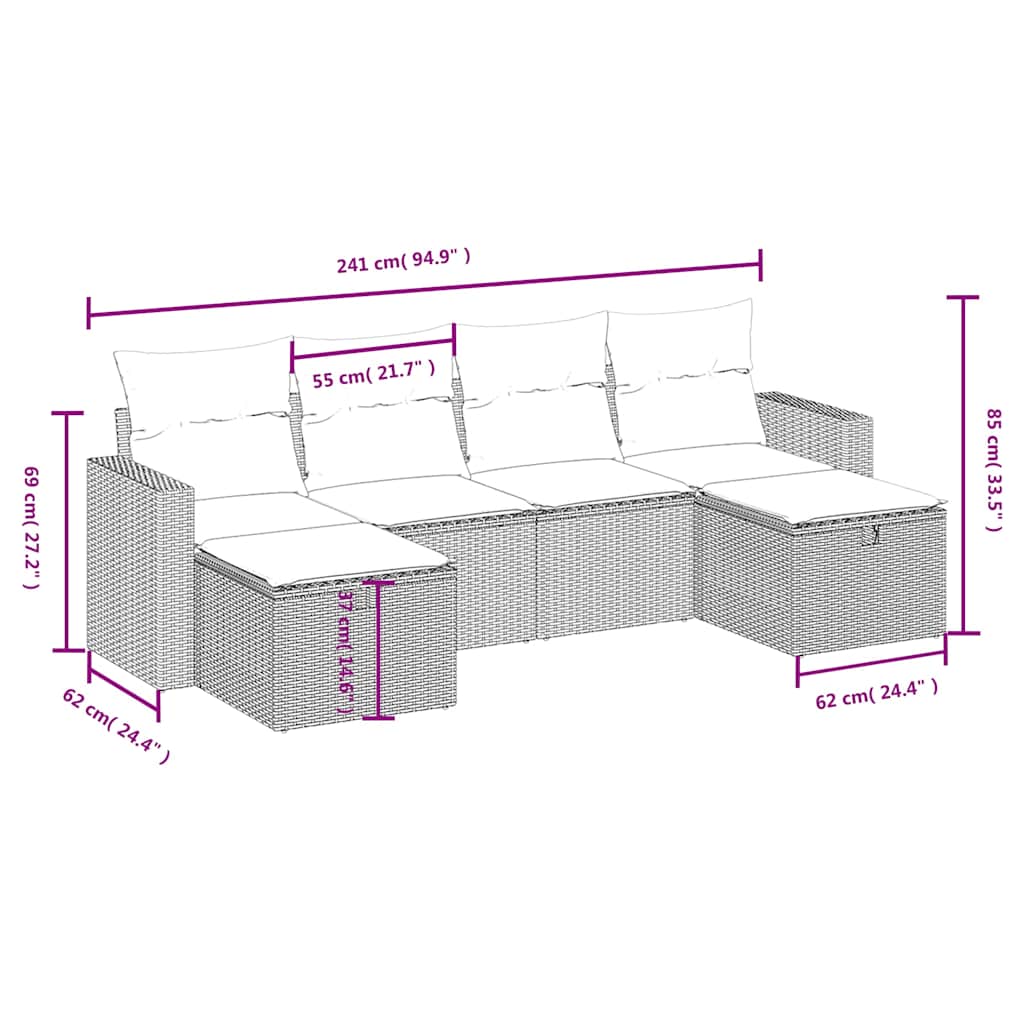 6-tlg. Garten-Sofagarnitur mit Kissen Schwarz Poly Rattan