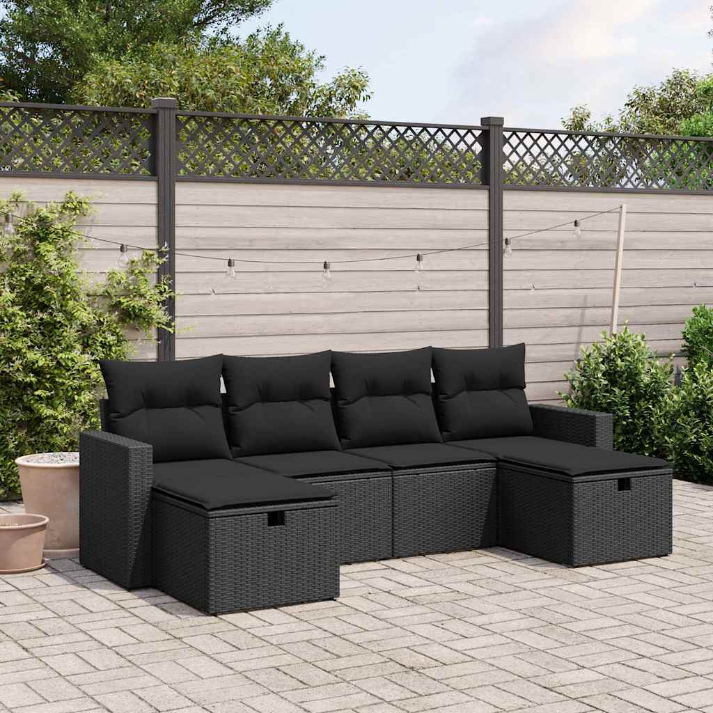 6-tlg. Garten-Sofagarnitur mit Kissen Schwarz Poly Rattan