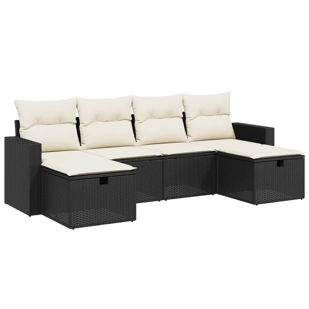 6-tlg. Garten-Sofagarnitur mit Kissen Schwarz Poly Rattan