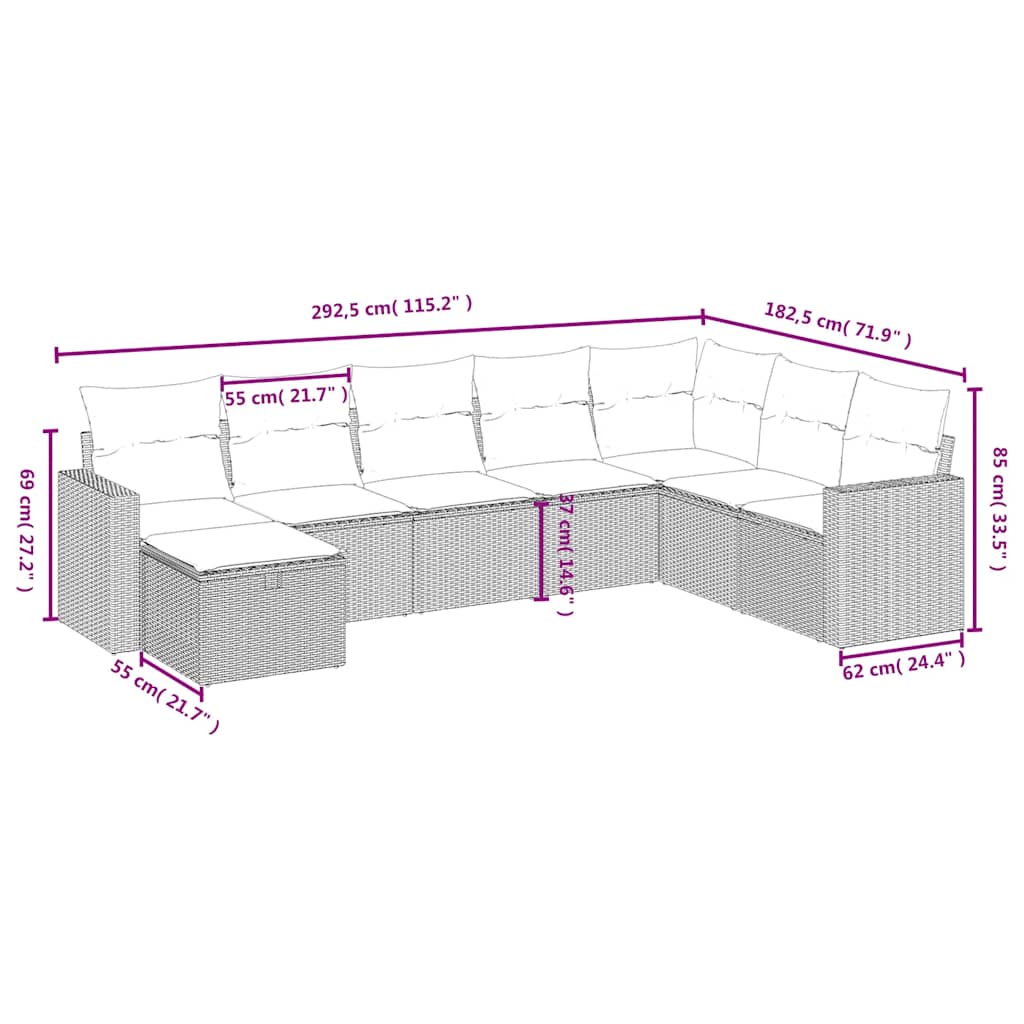 8-tlg. Garten-Sofagarnitur mit Kissen Schwarz Poly Rattan