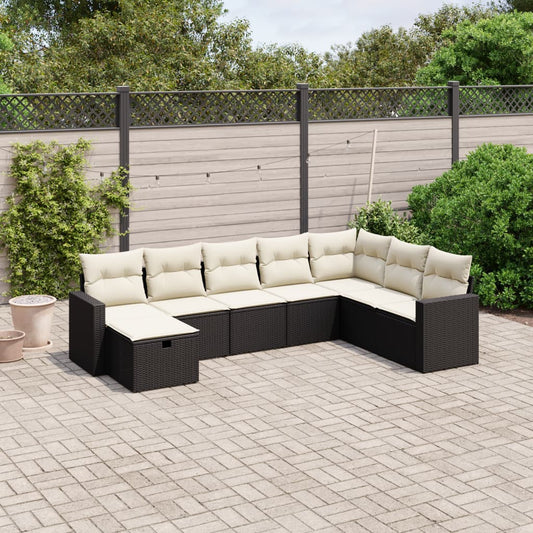8-piece garden sofa set with cushions, black poly rattan