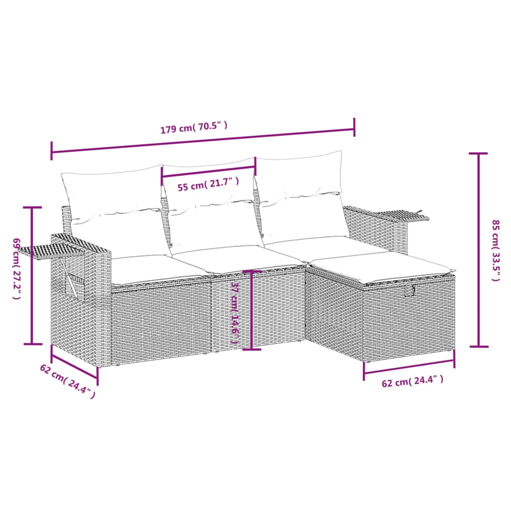 4-tlg. Garten-Sofagarnitur mit Kissen Grau Poly Rattan