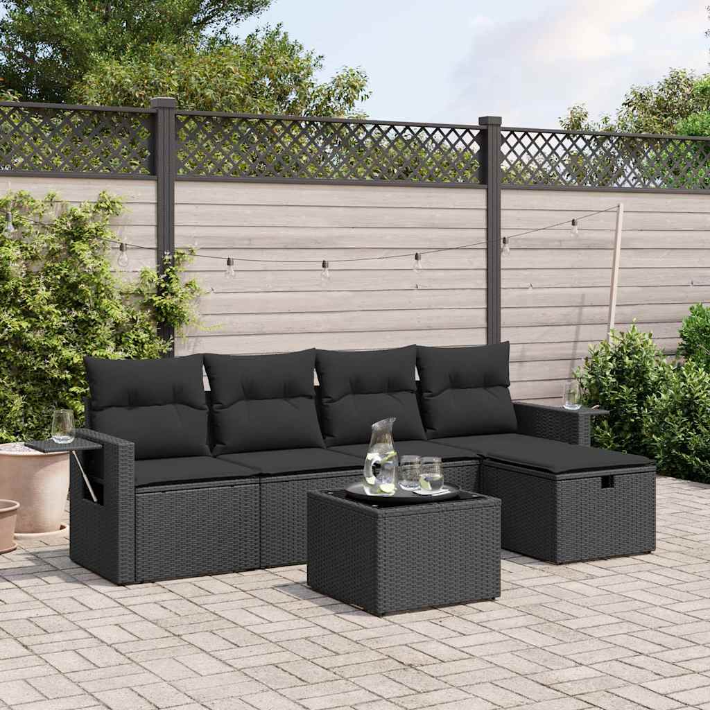 6-tlg. Garten-Sofagarnitur mit Kissen Schwarz Poly Rattan
