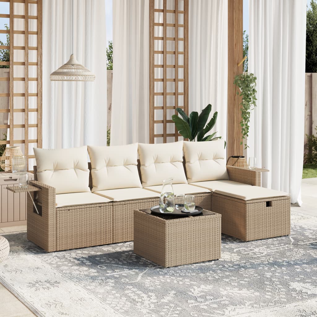 6-tlg. Garten-Sofagarnitur mit Kissen Beige Poly Rattan