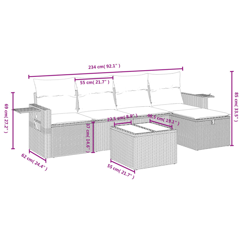 6-teiliges Gartensofa-Set mit Kissen, braun, Polyrattan