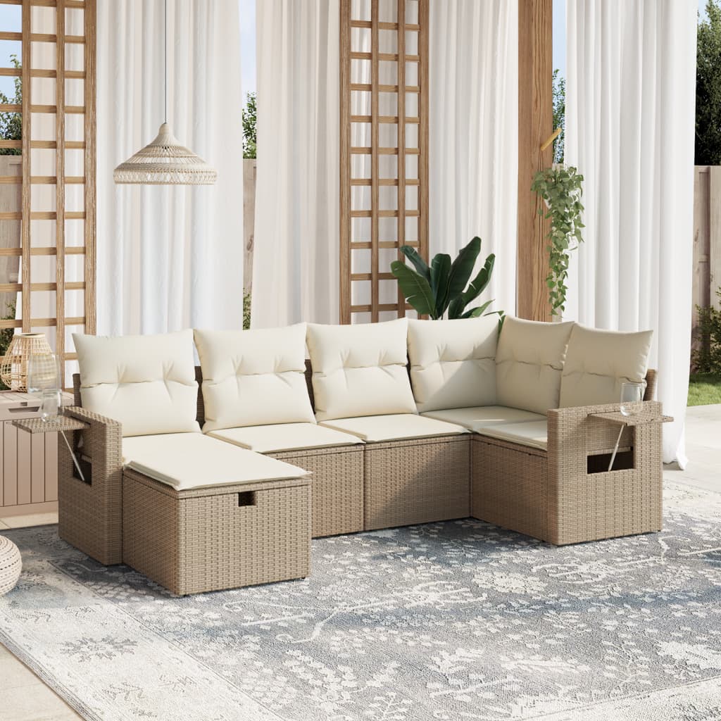 6-tlg. Garten-Sofagarnitur mit Kissen Beige Poly Rattan