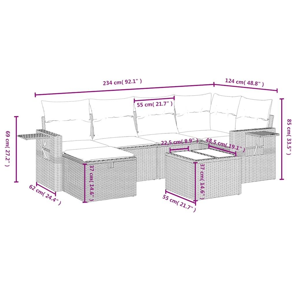 7-tlg. Garten-Sofagarnitur mit Kissen Schwarz Poly Rattan