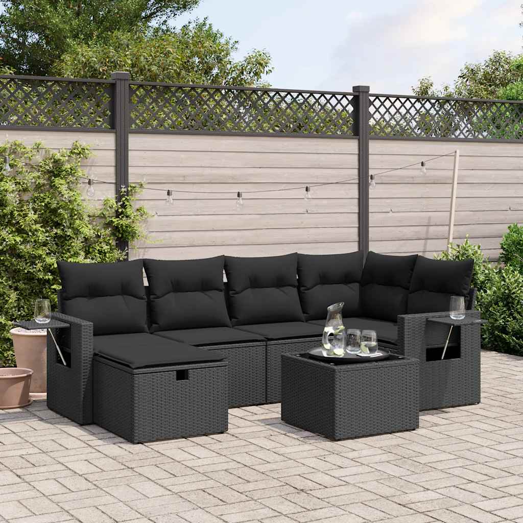 7-tlg. Garten-Sofagarnitur mit Kissen Schwarz Poly Rattan