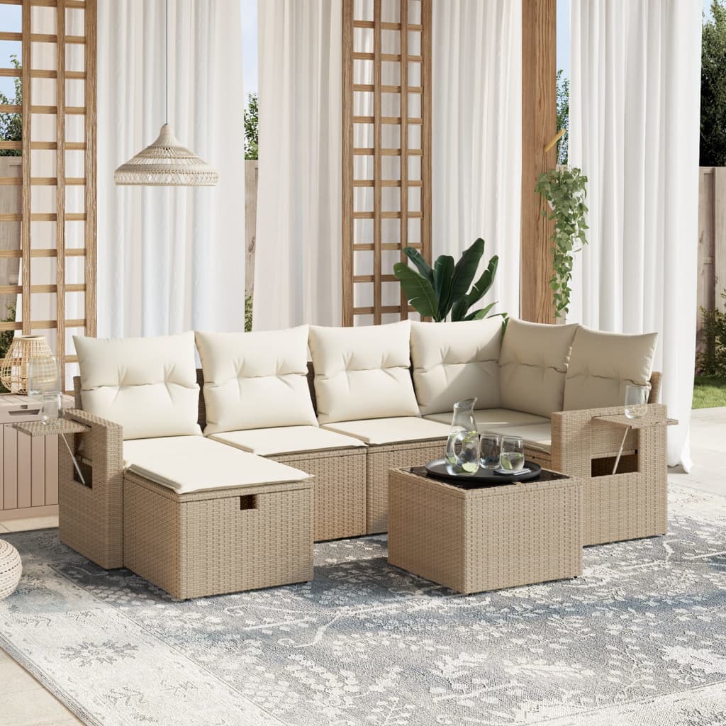 7-tlg. Garten-Sofagarnitur mit Kissen Beige Poly Rattan