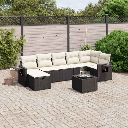 8-piece garden sofa set with cushions, black poly rattan