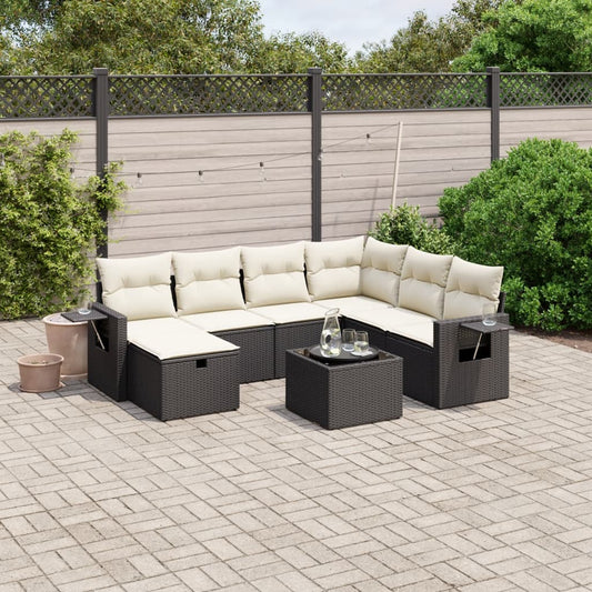 8-piece garden sofa set with cushions, black poly rattan