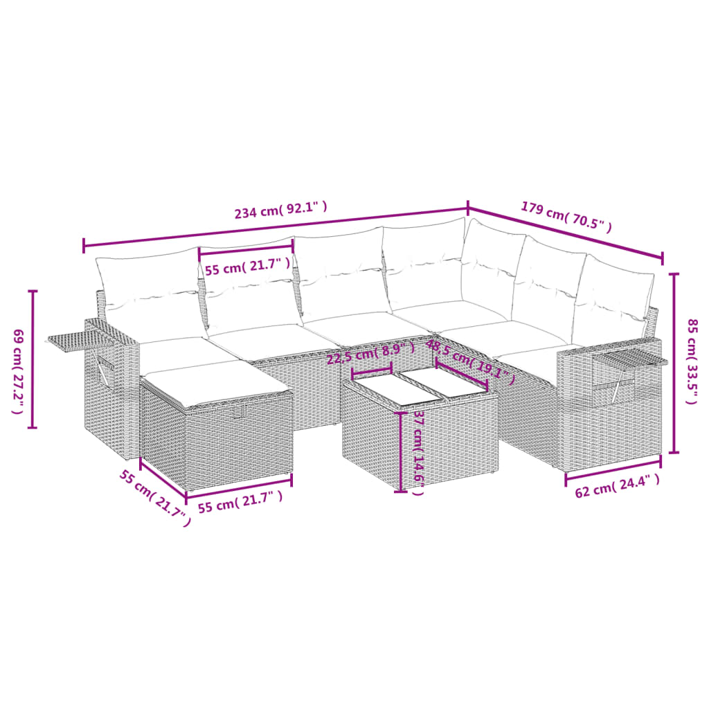 8-tlg. Garten-Sofagarnitur mit Kissen Grau Poly Rattan