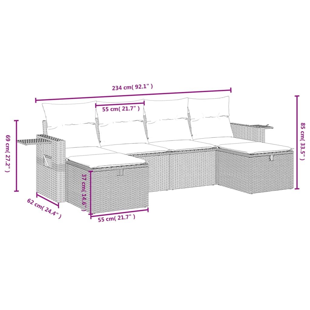 6-tlg. Garten-Sofagarnitur mit Kissen Grau Poly Rattan