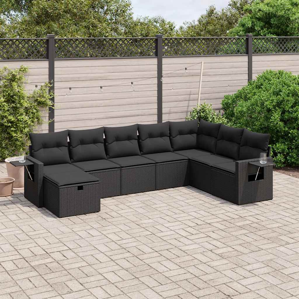 8-tlg. Garten-Sofagarnitur mit Kissen Schwarz Poly Rattan