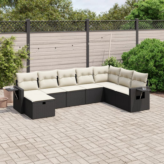 8-piece garden sofa set with cushions, black poly rattan