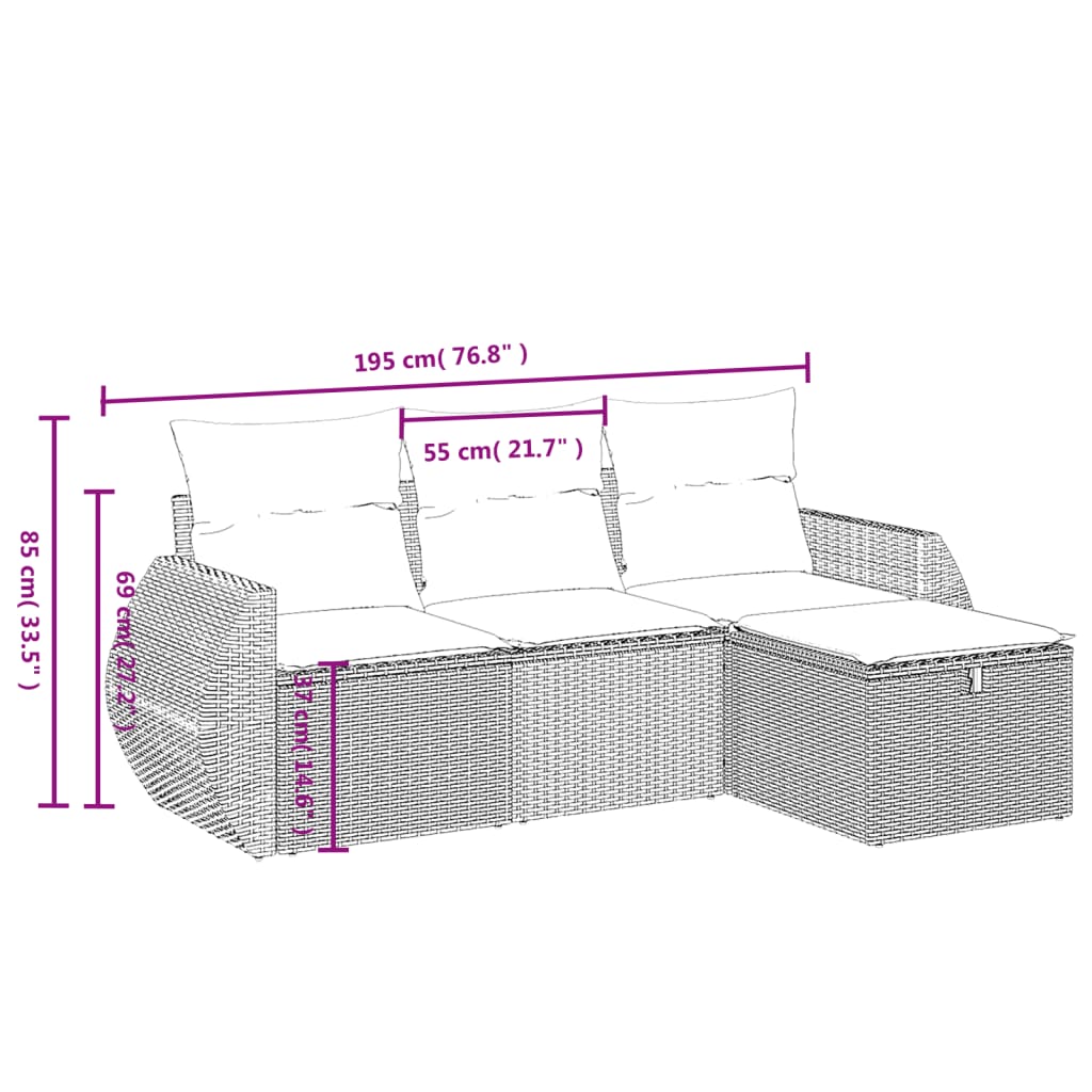 4-tlg. Garten-Sofagarnitur mit Kissen Grau Poly Rattan