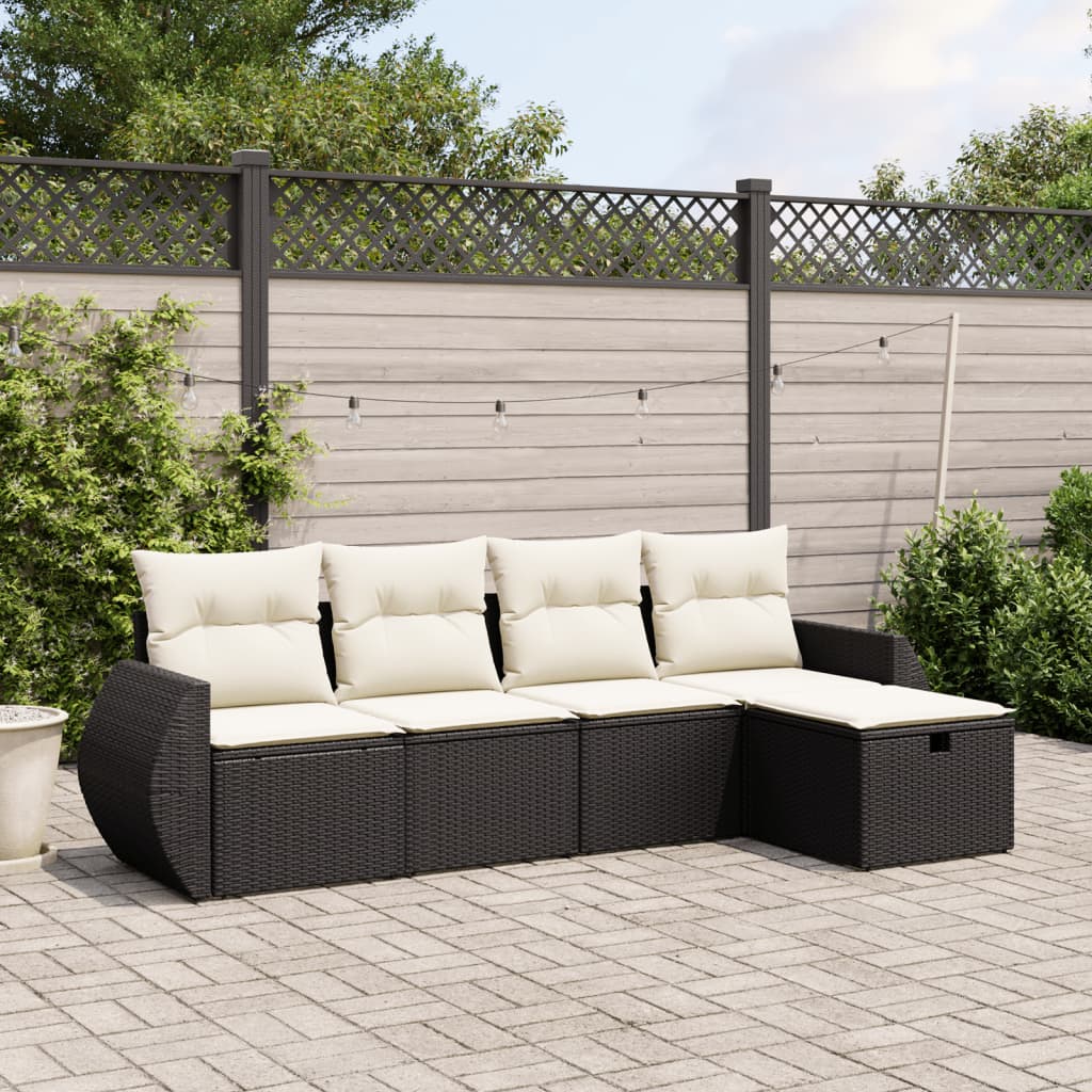 5-tlg. Garten-Sofagarnitur mit Kissen Schwarz Poly Rattan