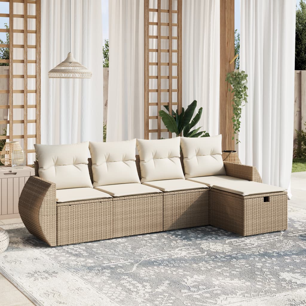 5-tlg. Garten-Sofagarnitur mit Kissen Beige Poly Rattan