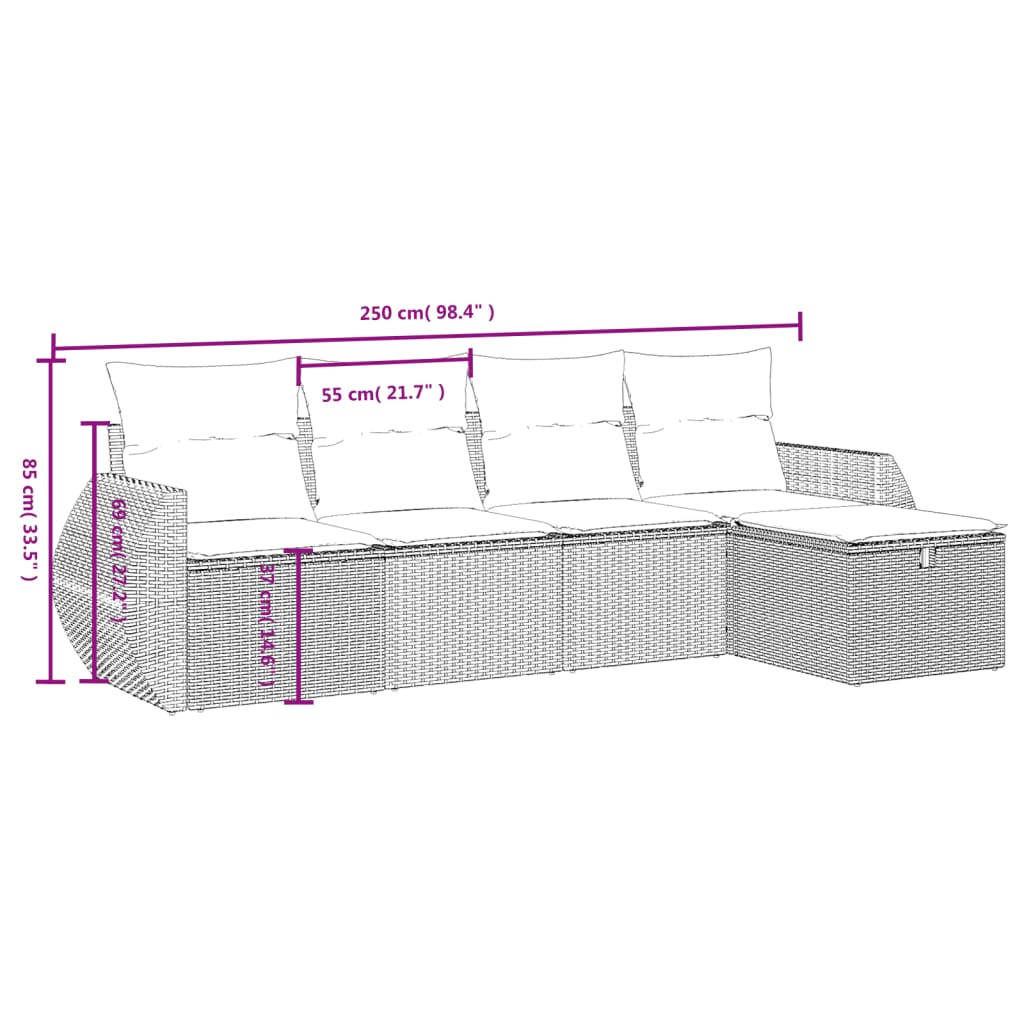 5-tlg. Garten-Sofagarnitur mit Kissen Grau Poly Rattan