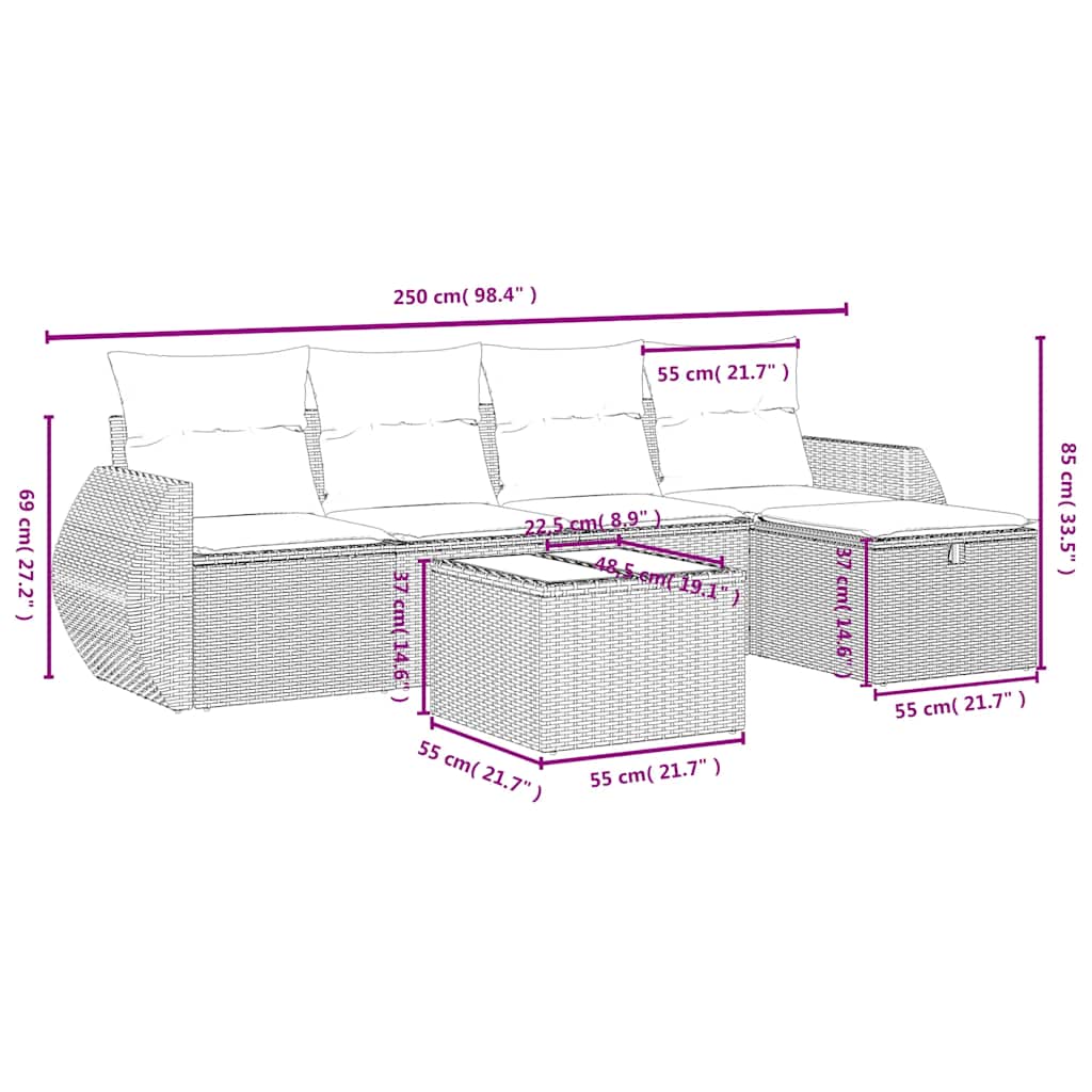 6-tlg. Garten-Sofagarnitur mit Kissen Schwarz Poly Rattan