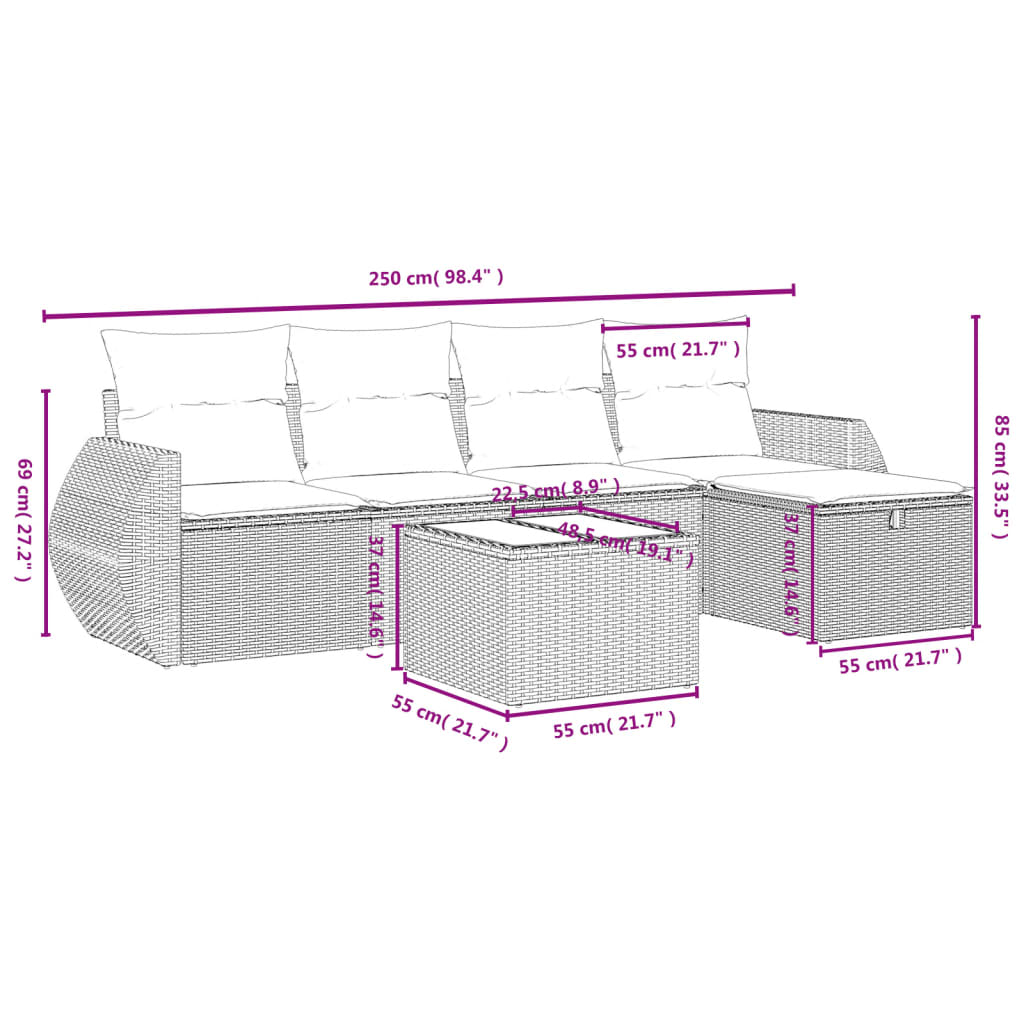6-tlg. Garten-Sofagarnitur mit Kissen Grau Poly Rattan