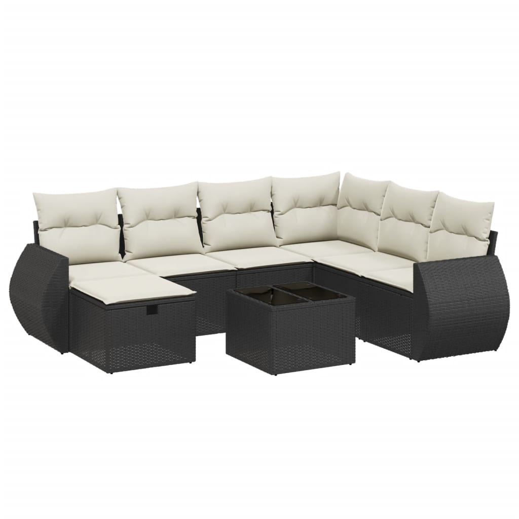 8-piece garden sofa set with cushions, black poly rattan