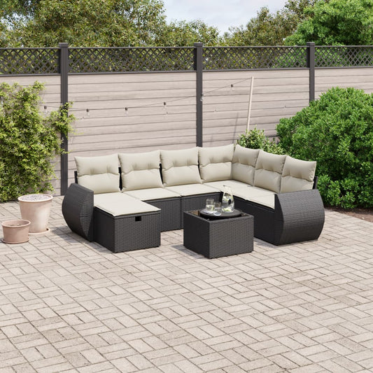 8-piece garden sofa set with cushions, black poly rattan