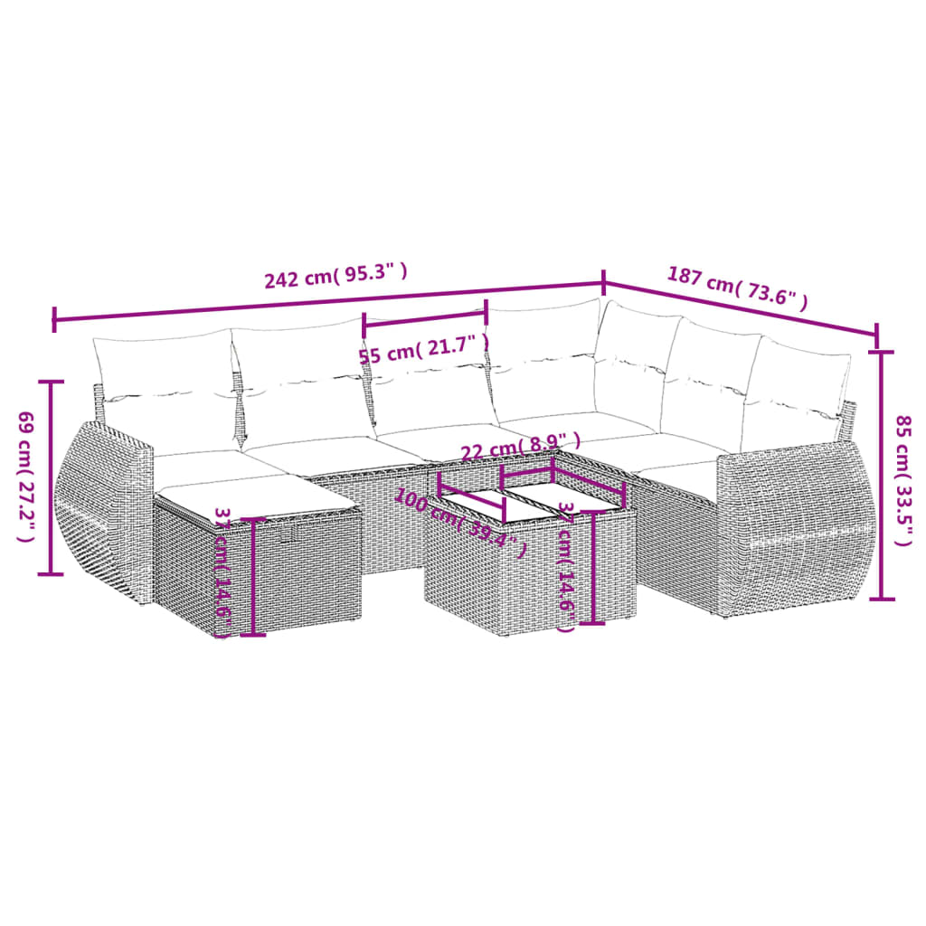 8-teiliges Gartensofa-Set mit Kissen, grau, Polyrattan