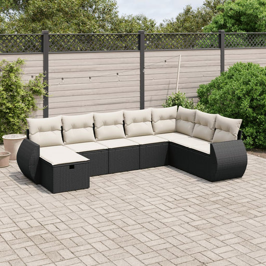 8-piece garden sofa set with cushions, black poly rattan