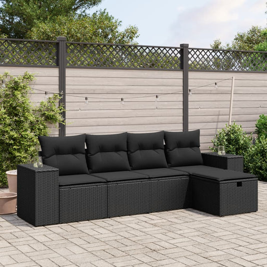 5-tlg. Garten-Sofagarnitur mit Kissen Schwarz Poly Rattan