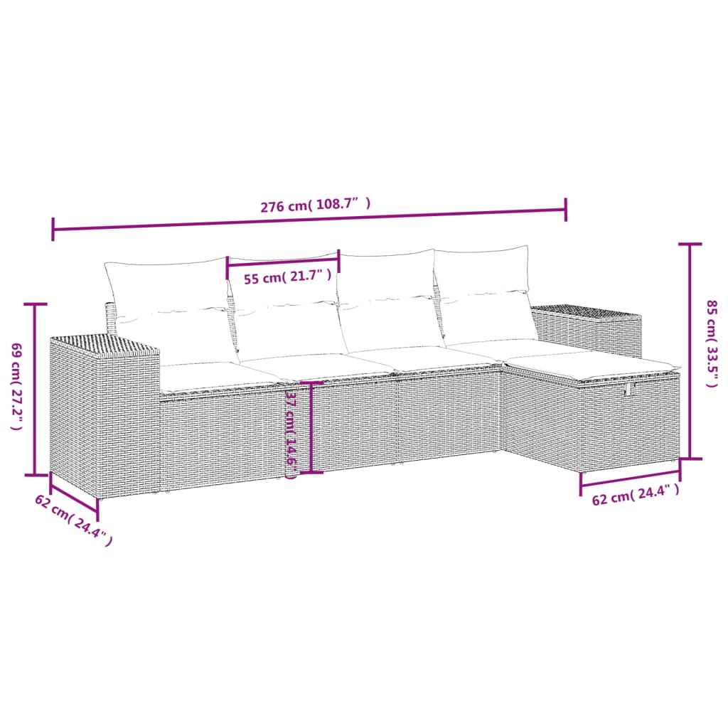 5-tlg. Garten-Sofagarnitur mit Kissen Grau Poly Rattan