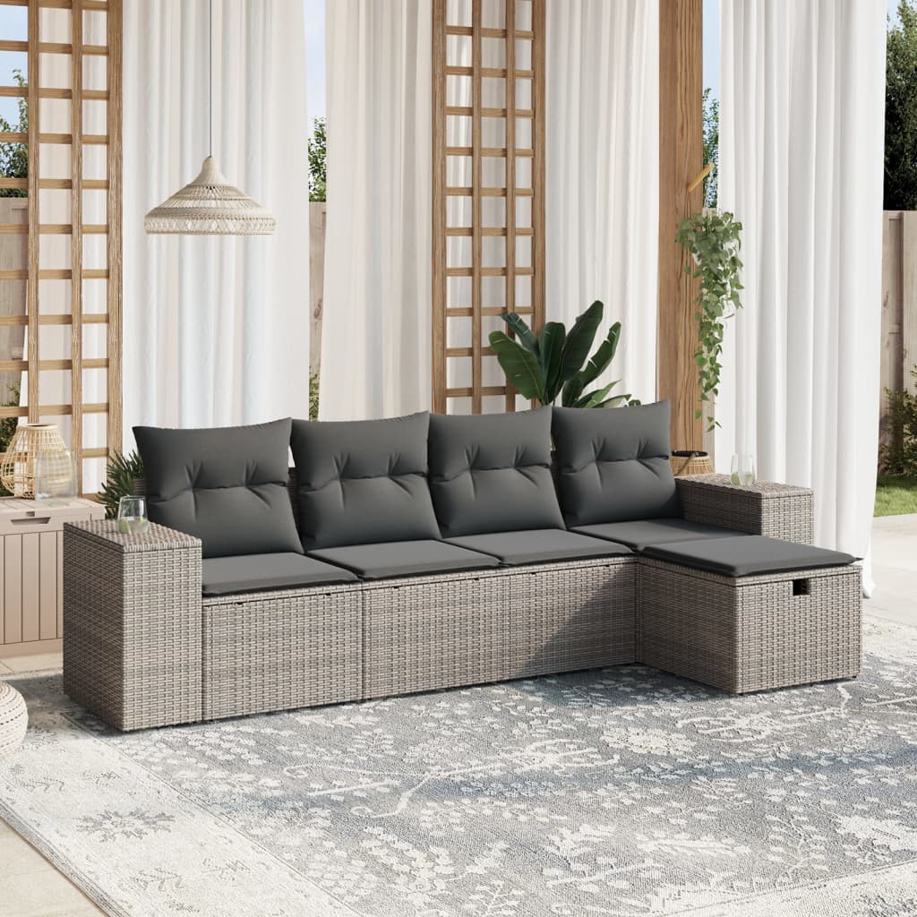 5-tlg. Garten-Sofagarnitur mit Kissen Grau Poly Rattan