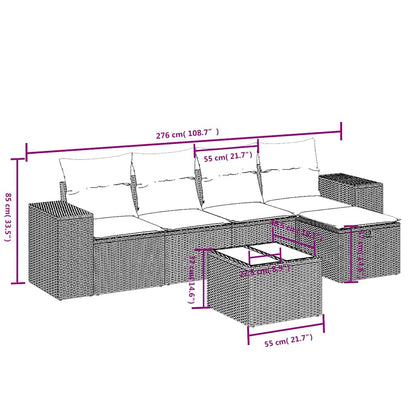 6-tlg. Garten-Sofagarnitur mit Kissen Schwarz Poly Rattan