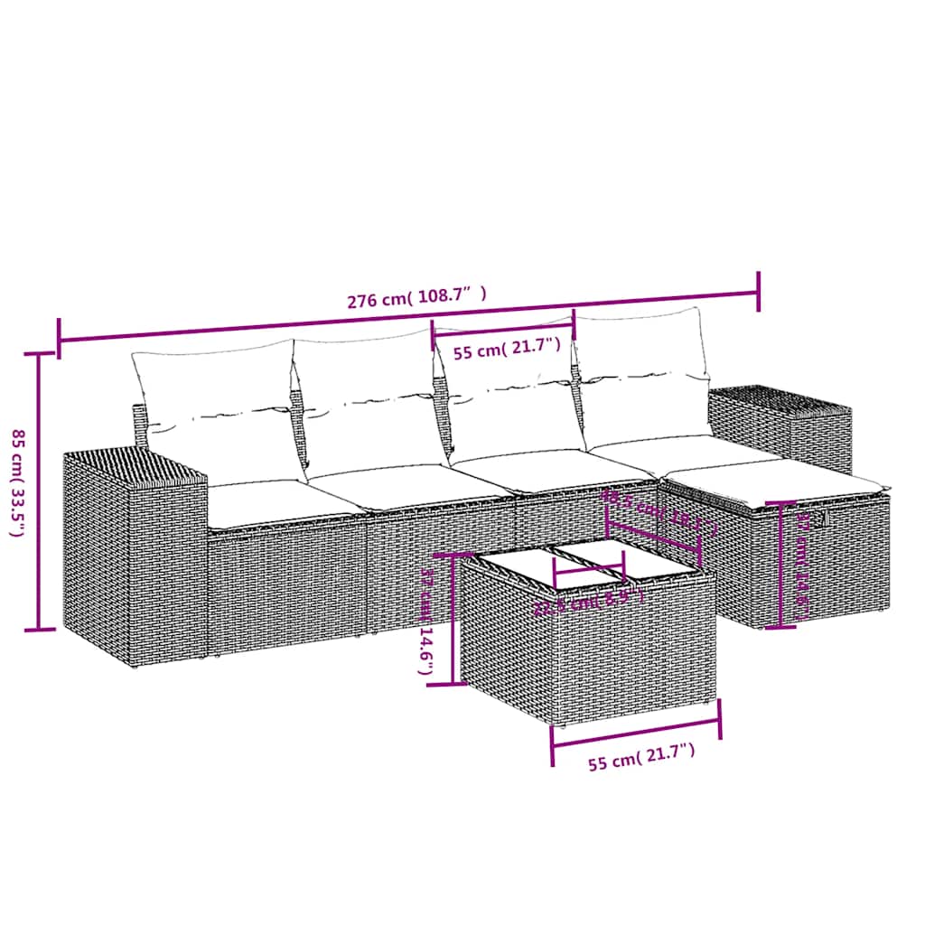 6-tlg. Garten-Sofagarnitur mit Kissen Schwarz Poly Rattan
