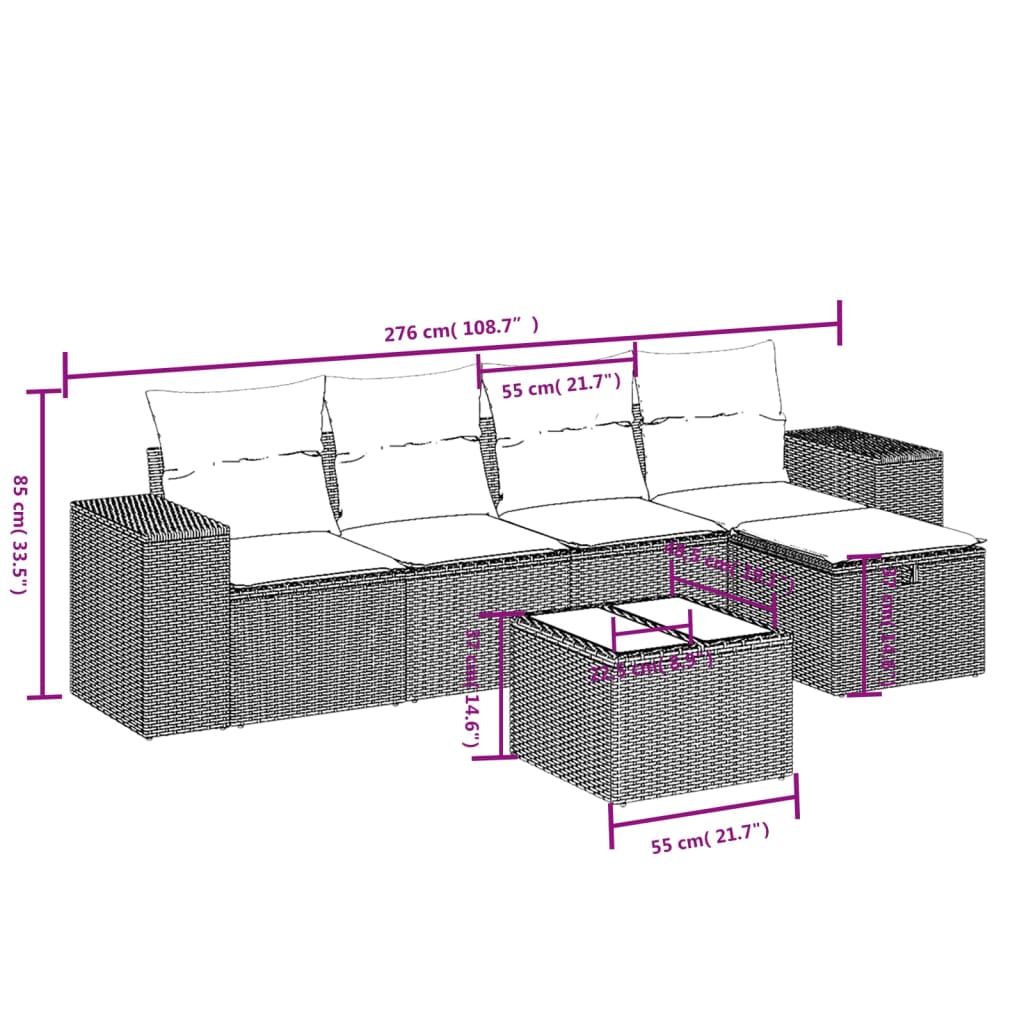 6-teiliges Gartensofa-Set mit Kissen, braun, Polyrattan