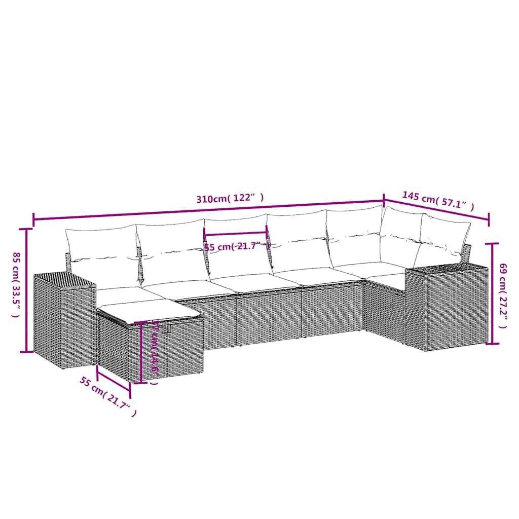 7-tlg. Garten-Sofagarnitur mit Kissen Schwarz Poly Rattan
