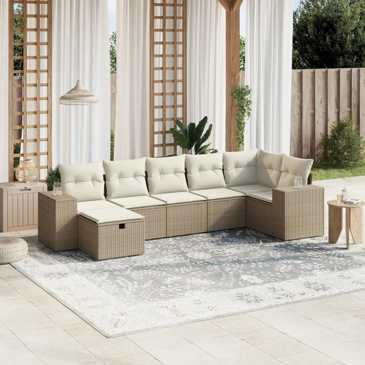 7-tlg. Garten-Sofagarnitur mit Kissen Beige Poly Rattan