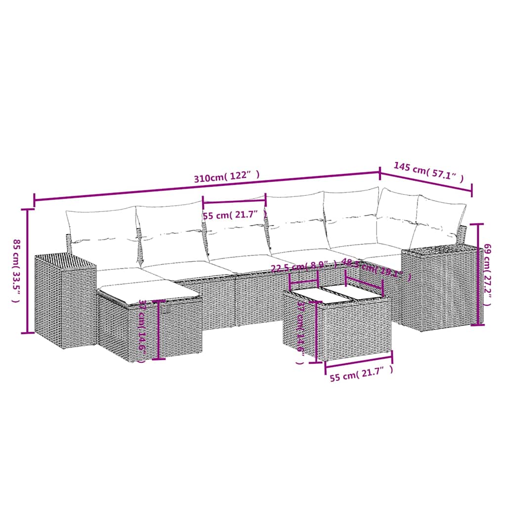 8-tlg. Garten-Sofagarnitur mit Kissen Schwarz Poly Rattan