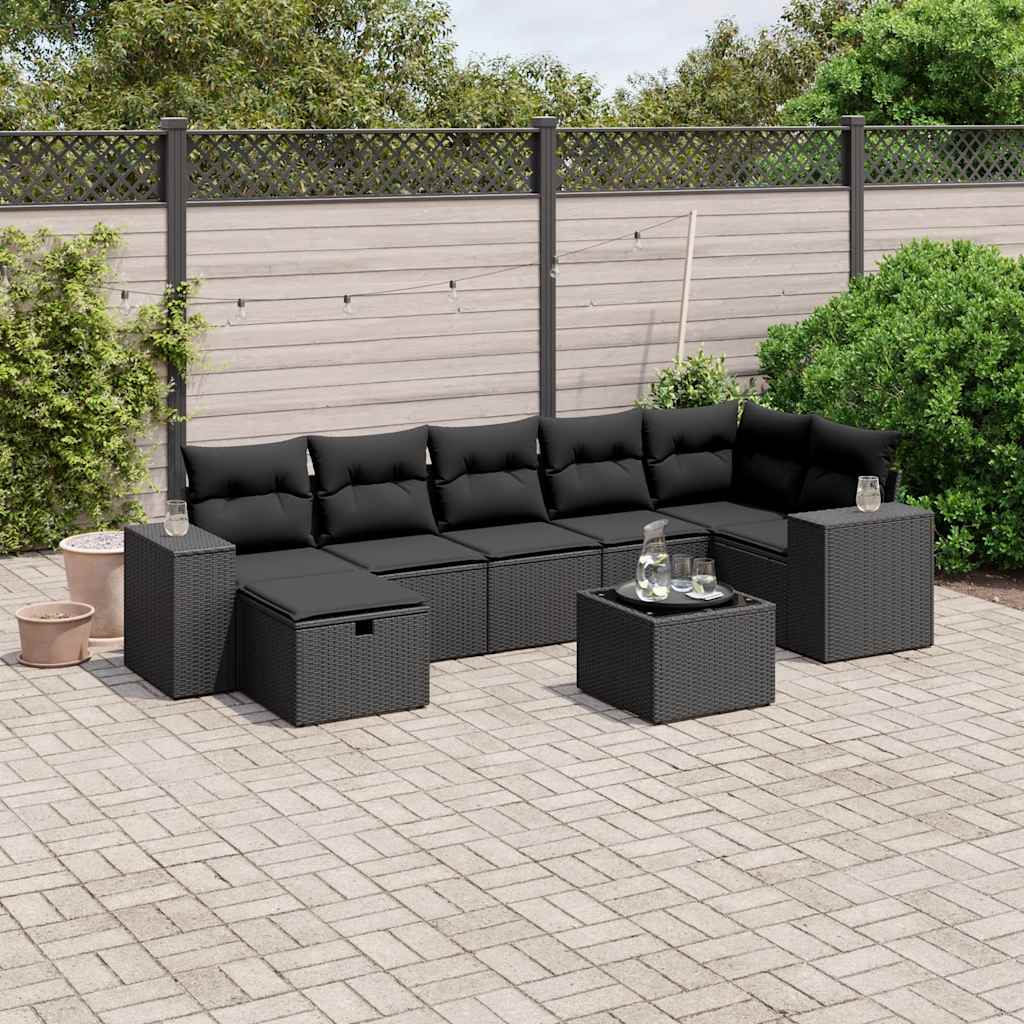 8-tlg. Garten-Sofagarnitur mit Kissen Schwarz Poly Rattan