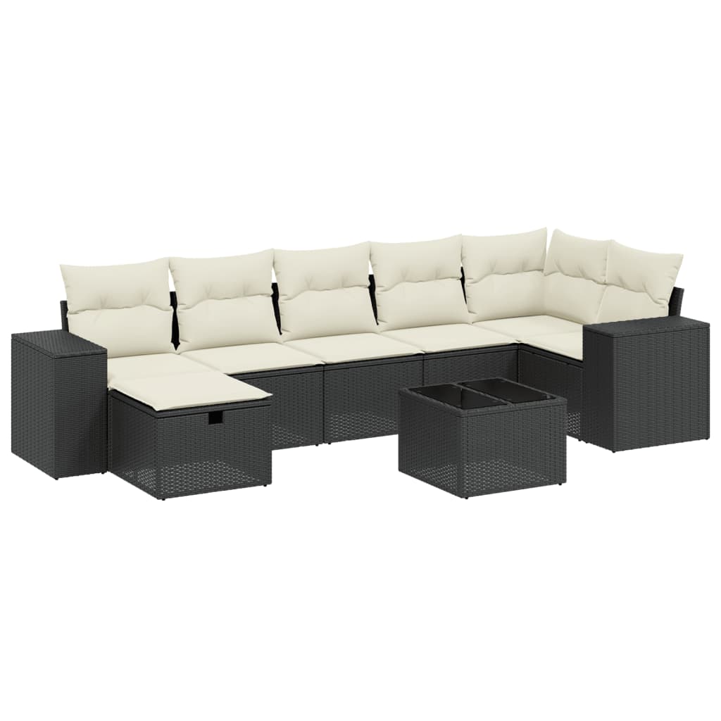 8-piece garden sofa set with cushions, black poly rattan