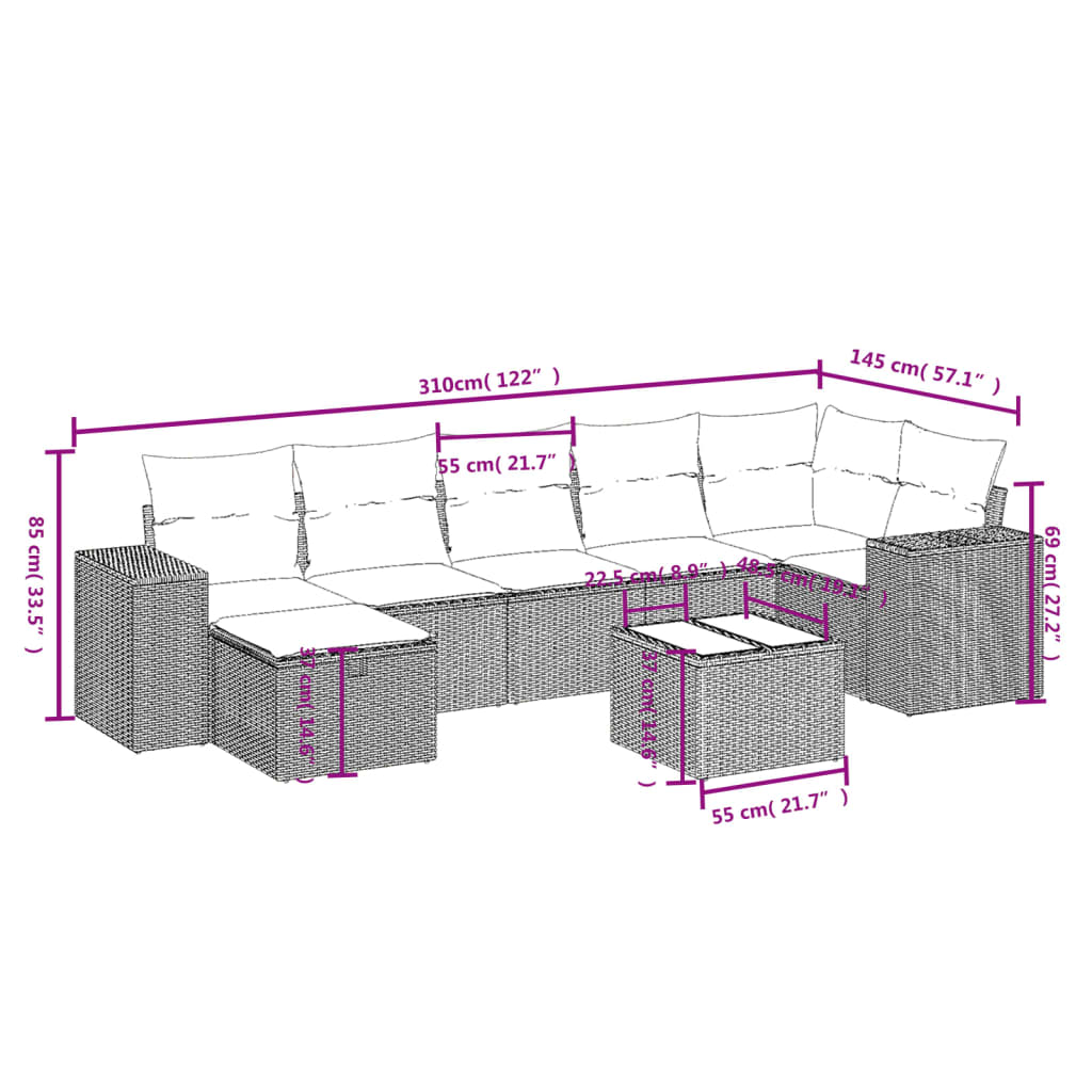8-piece garden sofa set with cushions, black poly rattan