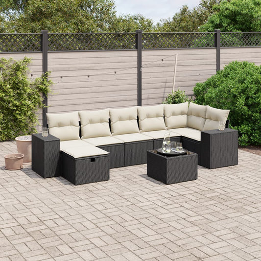 8-piece garden sofa set with cushions, black poly rattan