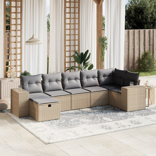7-tlg. Garten-Sofagarnitur mit Kissen Beige Poly Rattan