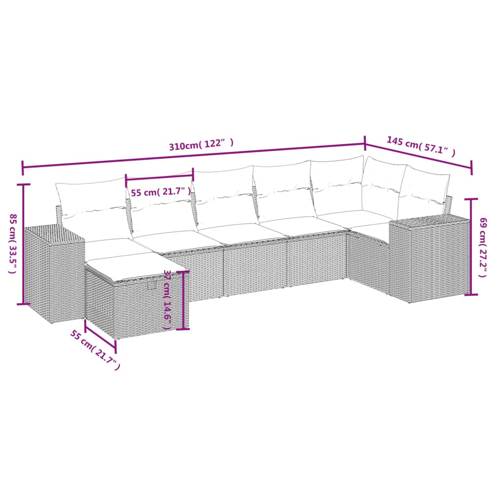 7-tlg. Garten-Sofagarnitur mit Kissen Grau Poly Rattan