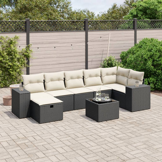 8-piece garden sofa set with cushions, black poly rattan