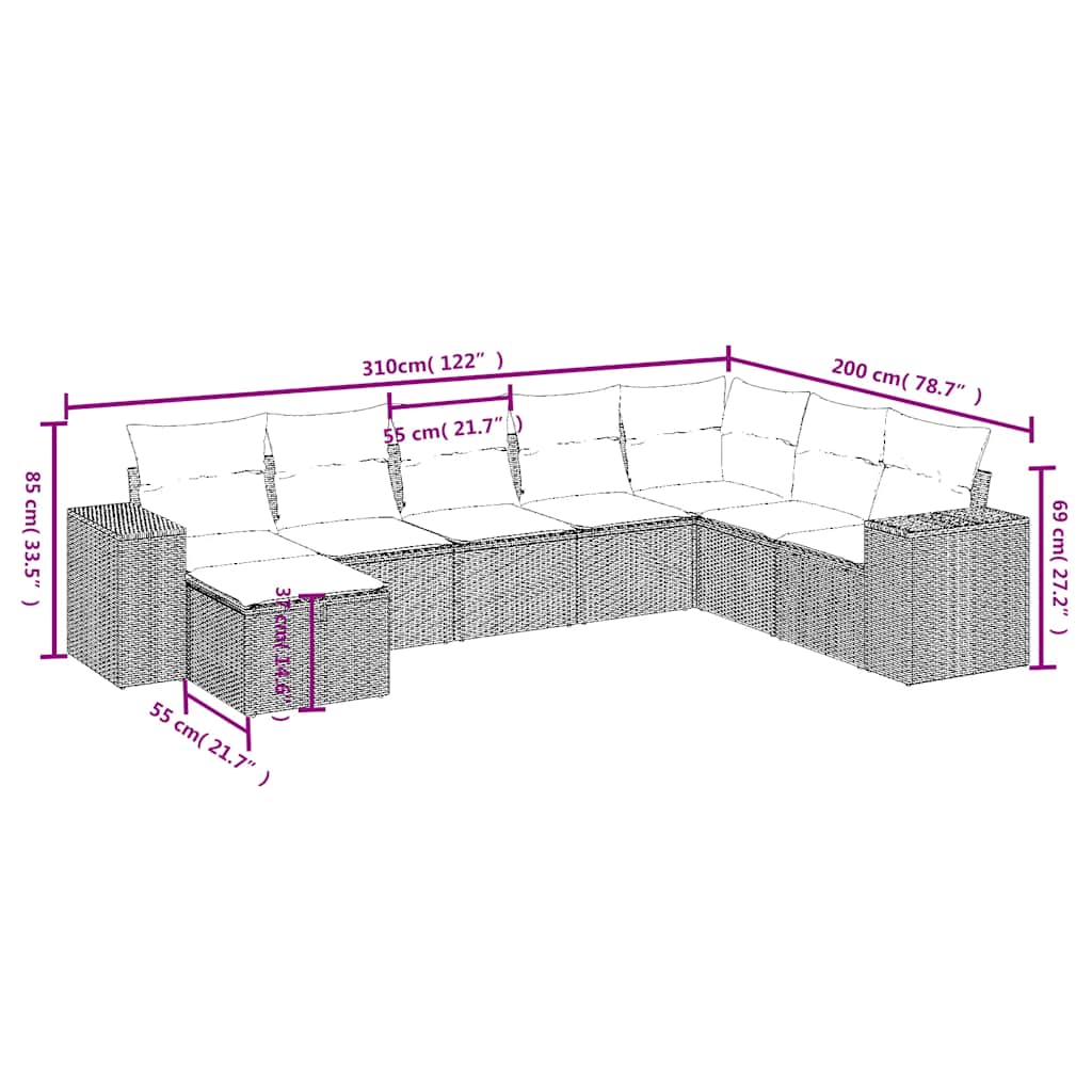 8-tlg. Garten-Sofagarnitur mit Kissen Schwarz Poly Rattan