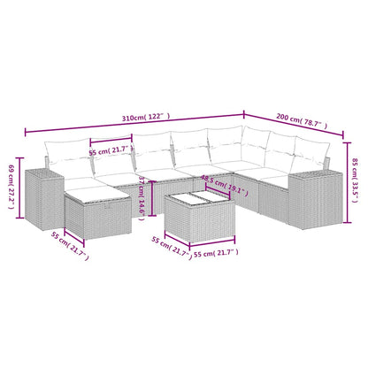 9-tlg. Garten-Sofagarnitur mit Kissen Schwarz Poly Rattan