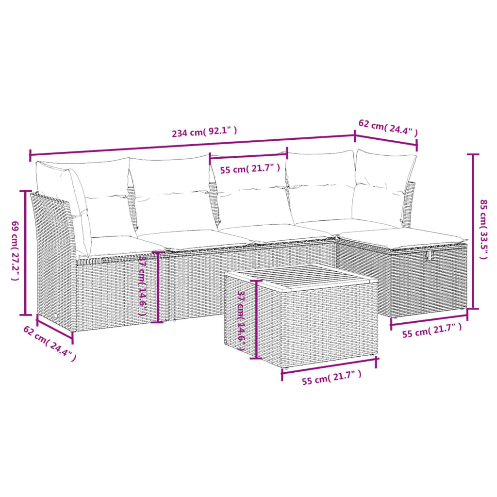 6-tlg. Garten-Sofagarnitur mit Kissen Grau Poly Rattan